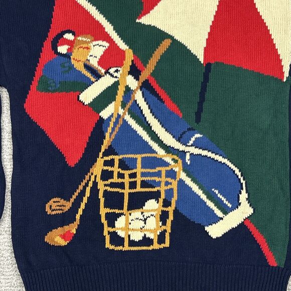 Norm Thompson Sweater Mens Large Navy Blue Golf Clubs Graphic Hand Knit Vintage - Picture 2 of 7